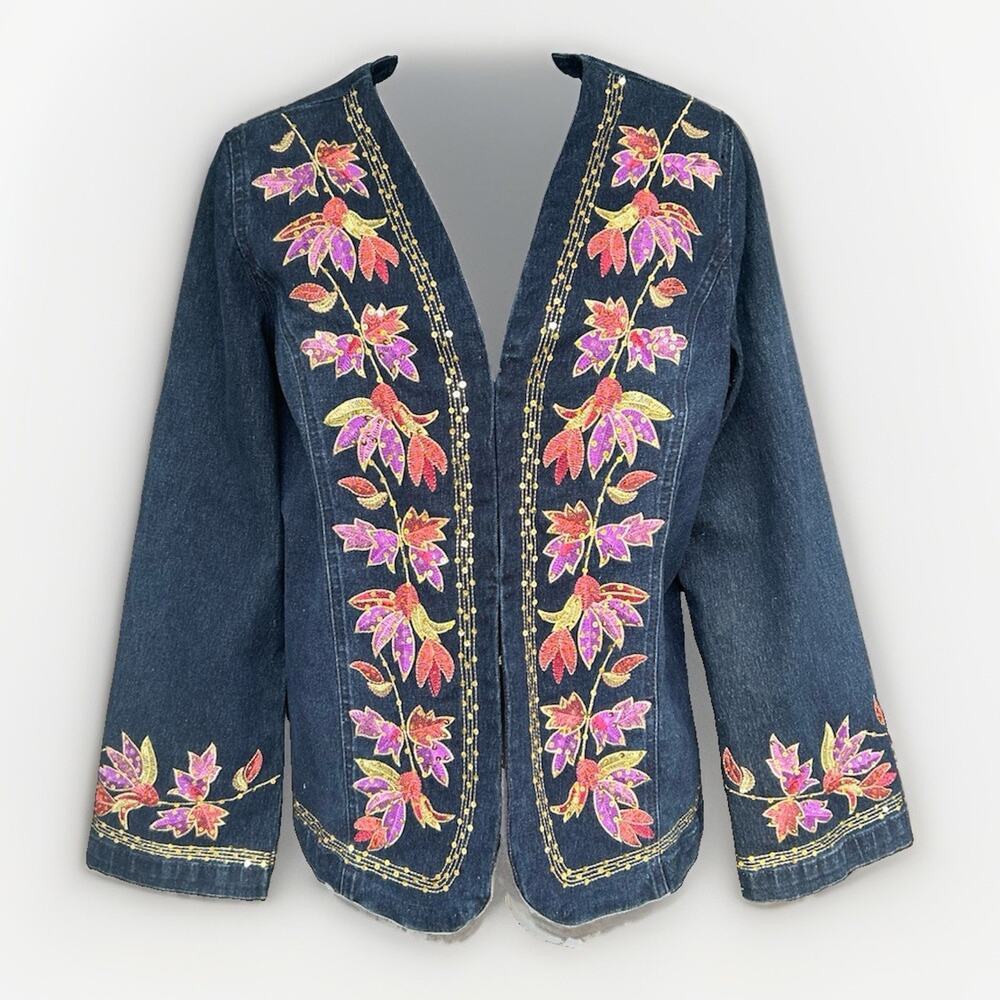 DG2 Diane Gilman Jean Jacket Womens Medium Sequin Floral Art To Wear Embroidered
